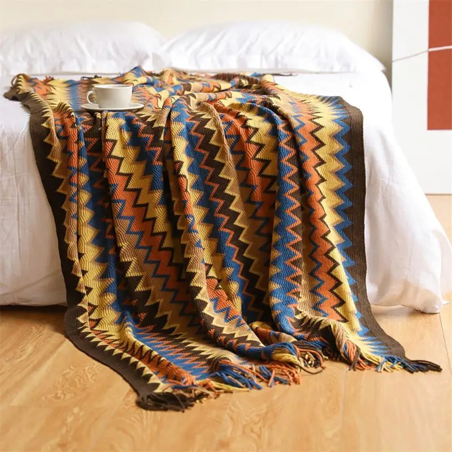 100% Acryl Hand Knitted Blanket with Tassel Summer Blanket