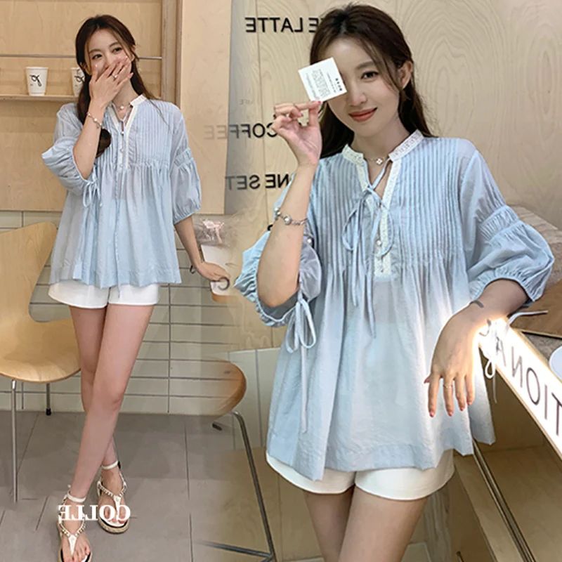 Korean Style Maternity Summer Clothes Set Half Sleeve V-neck