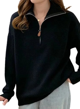 Korean Half Zip-Up Sweater Women Retro Loose Sporty Knitted