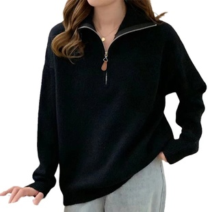 Korean Half Zip-Up Sweater Women Retro Loose Sporty Knitted