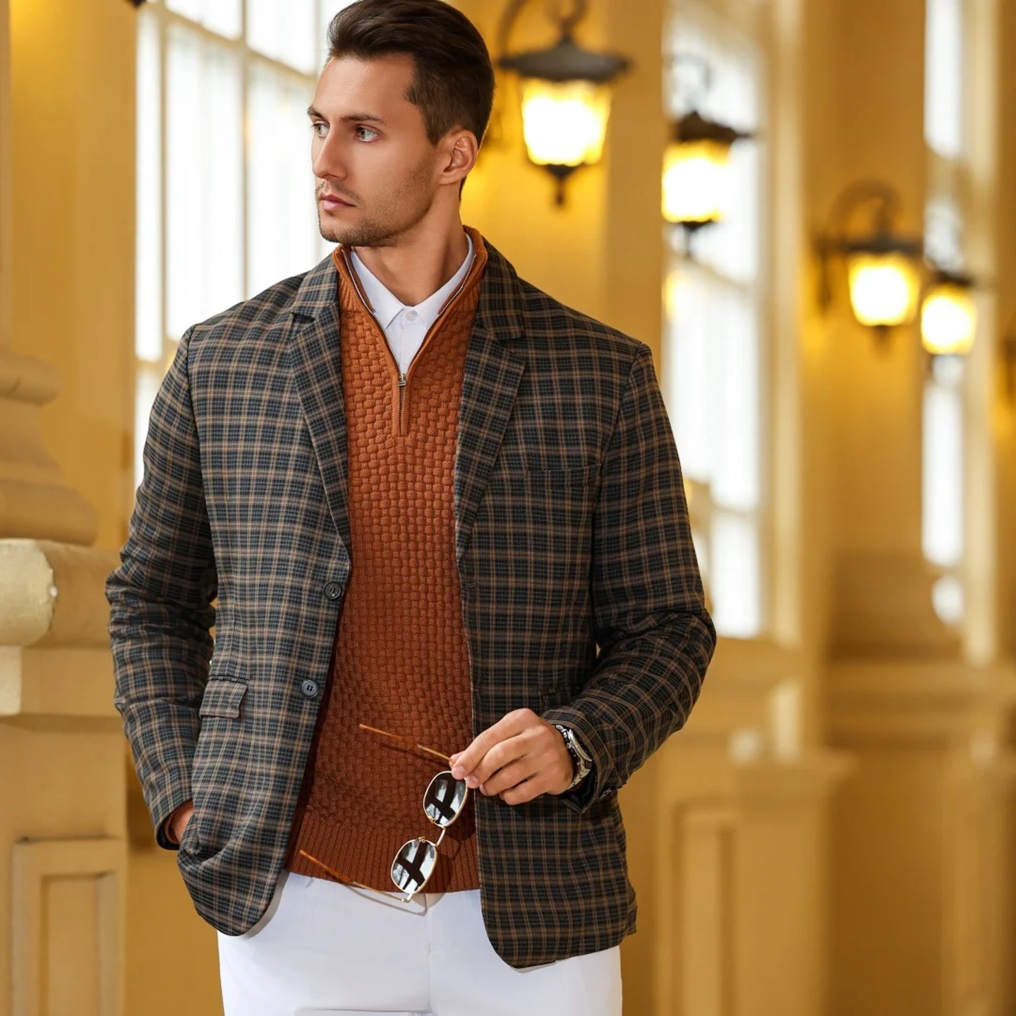 Men's Sweater Winter Warm Zip Up Pullover Waffle Knit Mock