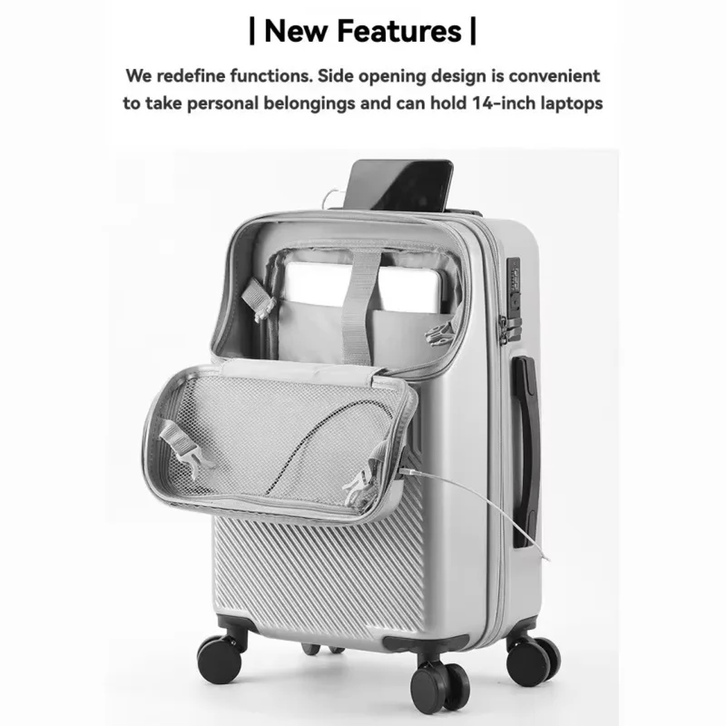 Front Opening Pocket Suitcase Travel Rolling Luggage Alumin