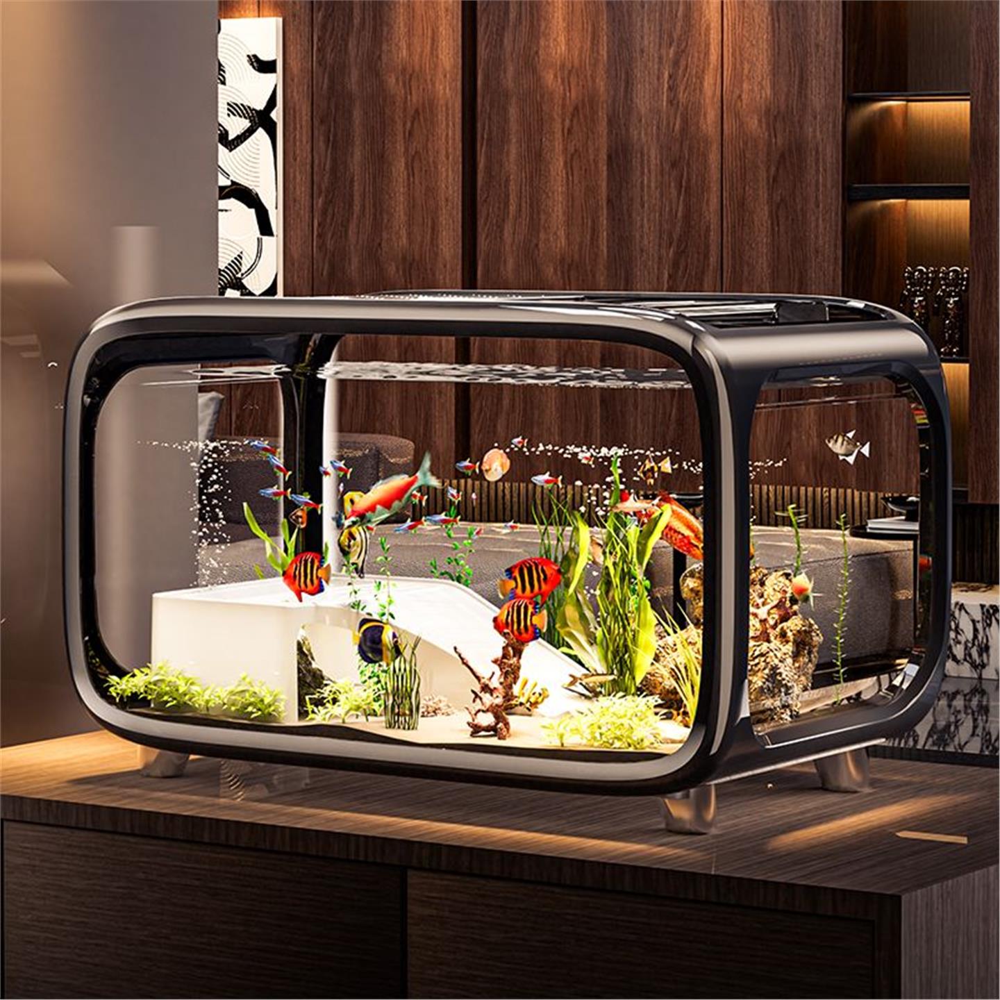 新型带盖子透明大号客厅2026新款鱼缸摆件造景装饰生态水族箱金桌