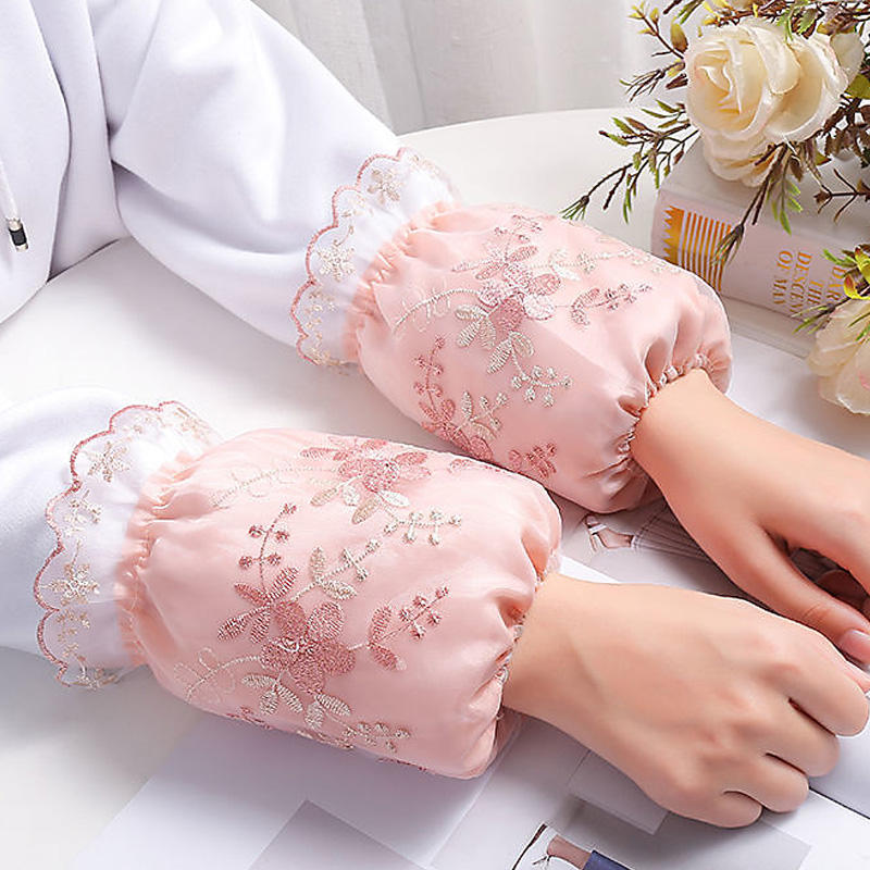 韩版双层绣花蕾丝袖套女学生防污短款可爱护袖筒头秋冬成人羽绒服