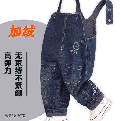 宝宝牛仔背带裤秋冬季加绒加厚一岁男宝女童可开档婴儿裤子秋冬款