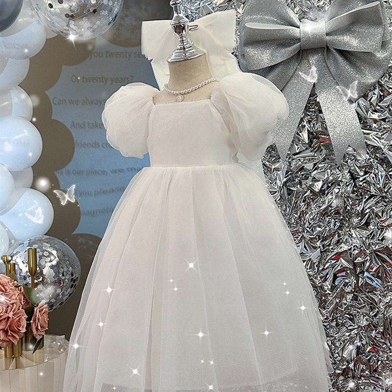 女童连衣裙夏装高级感洋气白色婚纱主持人礼服纱裙儿童生日公主裙