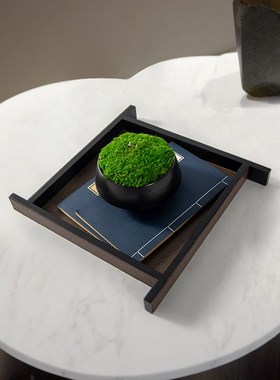 新中式皮革木质托盘长方形酒店餐桌样板间餐厅收纳盘茶几桌面摆件