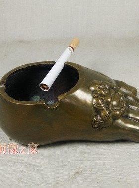 纯铜烟灰缸知足常乐摆件办公室家居做旧仿古摆设