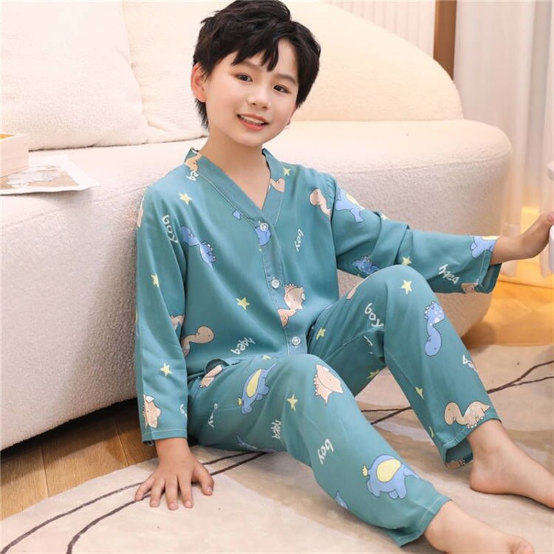 儿童棉绸睡衣男童夏季长袖套装女孩大童绵绸宝宝春秋家居服空调服
