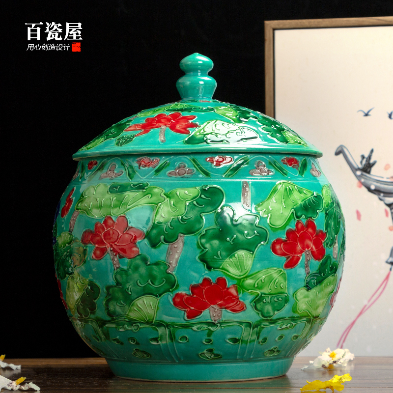 新中式粉彩鸳鸯戏水储物罐子摆件客厅花瓶插花玄关酒柜电视柜套装