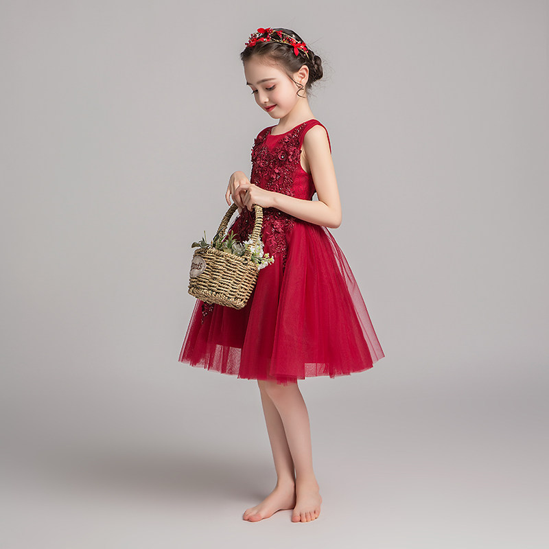 女童短款礼服公主裙生日红色花童小女孩主持人儿童钢琴演出服洋气