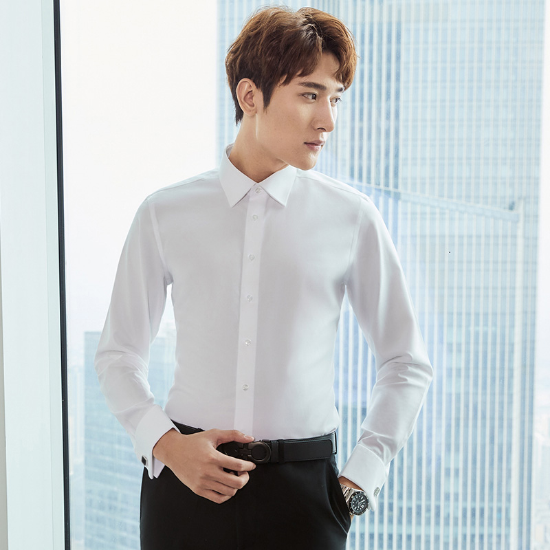 法式衬衫男长袖修身新郎结婚袖扣寸定制商务上班正装男士白色衬衣