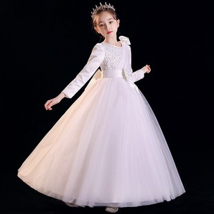 春秋冬花童儿童长款婚纱裙女童白色公主连衣裙大童演出礼服长裙子