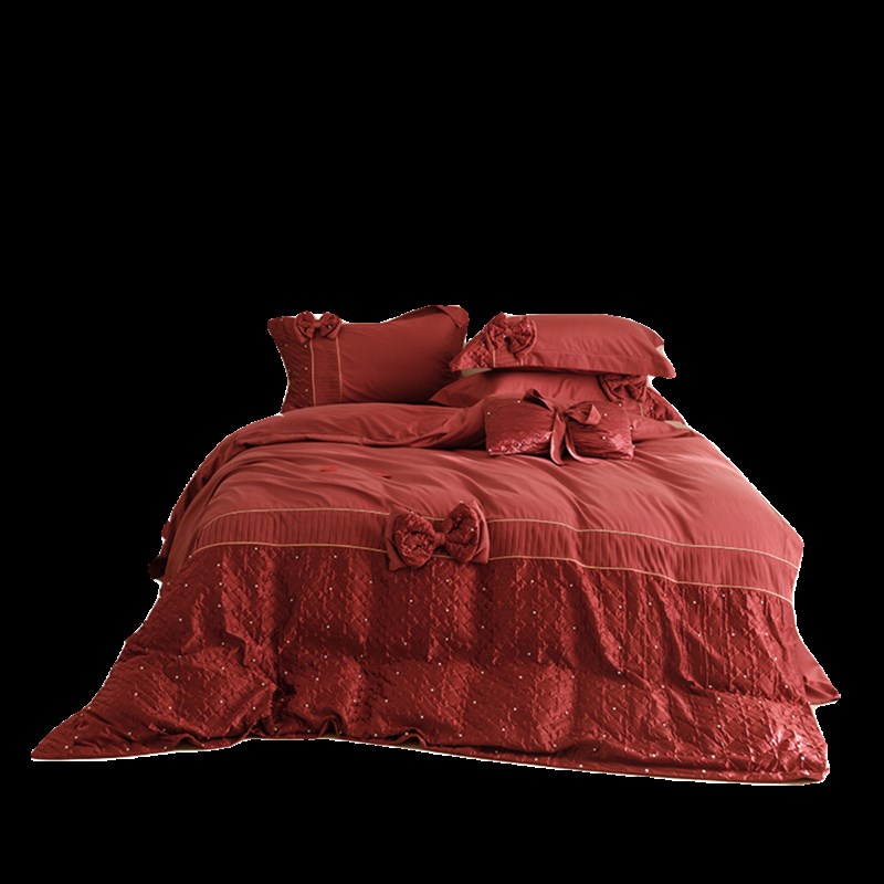 高端高档婚庆蝴蝶结绣花全棉四件套结婚陪嫁长绒棉被套纯棉红床品