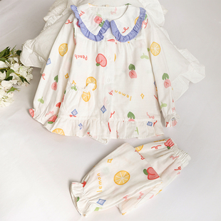 春夏女童儿童纯棉纱布睡衣长袖套装春秋薄款可爱娃娃领女孩家居服