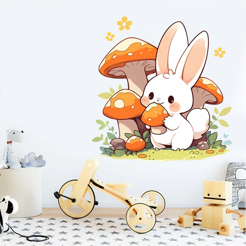 卡通可爱小兔子蘑菇贴纸卧室客厅房间装饰贴画自粘墙贴画遮丑防水
