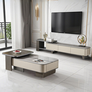 轻奢茶几电视柜组合高级感伸缩创意大玻璃大理石客厅家用2025新款