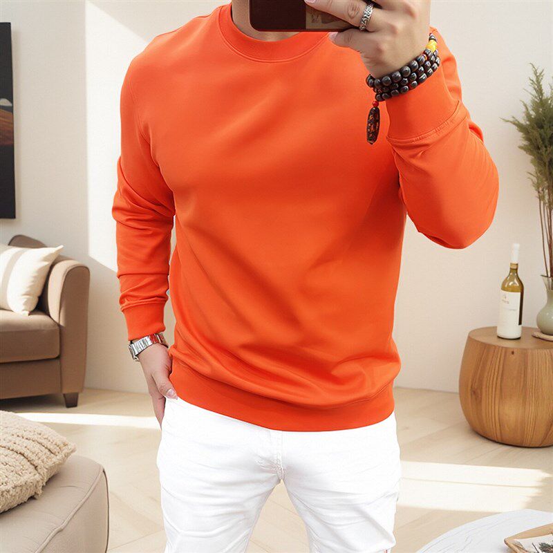 长绒棉套头卫衣男宽松大码橘红色丝光棉圆领长袖T恤打底衫青年潮