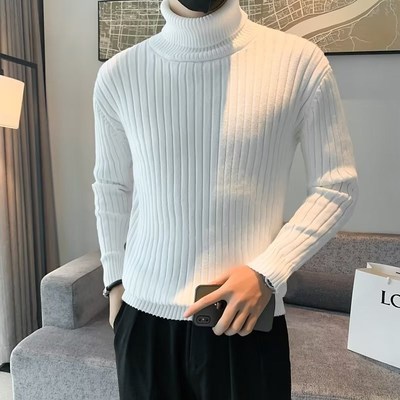 可卷高领毛衣男纯色竖条纹修身加厚打底衫秋冬季新款保暖针织衫潮