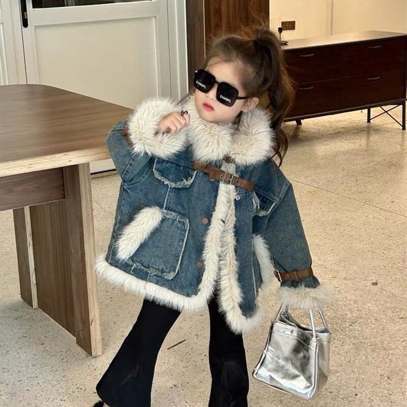 女童韩版冬装牛仔加绒外套2024新款小女孩复古加厚冬季保暖棉衣潮