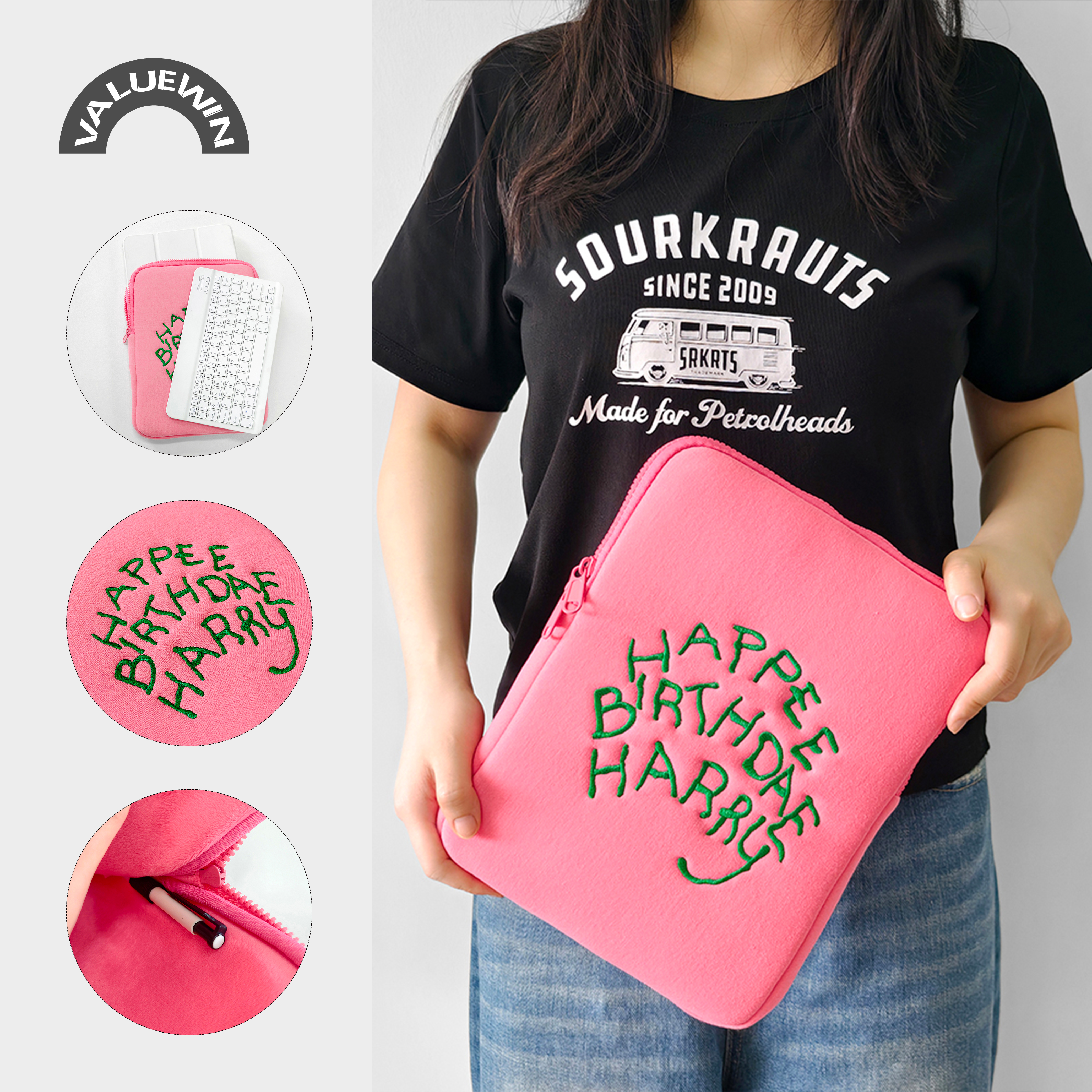 韩国粉色ins字母刺绣平板电脑包