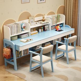 实木双人书桌家用学生并排写字桌带书架卧室加长两人位学习桌升降