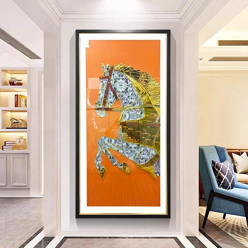 马到成功入户玄关装饰画轻奢走廊过道挂画钢化玻璃勾线立体实物画图片