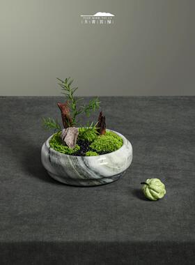 天青苔绿 中式大理石圆形器皿苔藓花艺 家居装饰餐厅样板房摆件