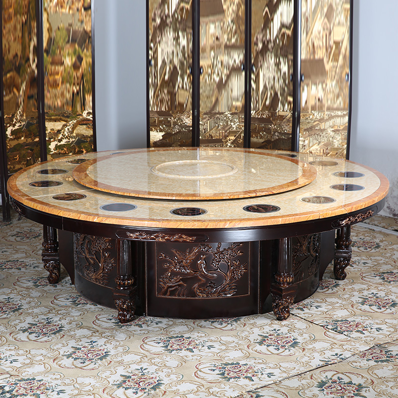 酒店电动餐桌 层大理石自动转盘餐桌电磁炉火锅桌电动大圆桌