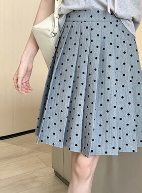 灰色学院风波点百褶裙女夏季大码高E腰显瘦a字裙百搭中长款半身裙