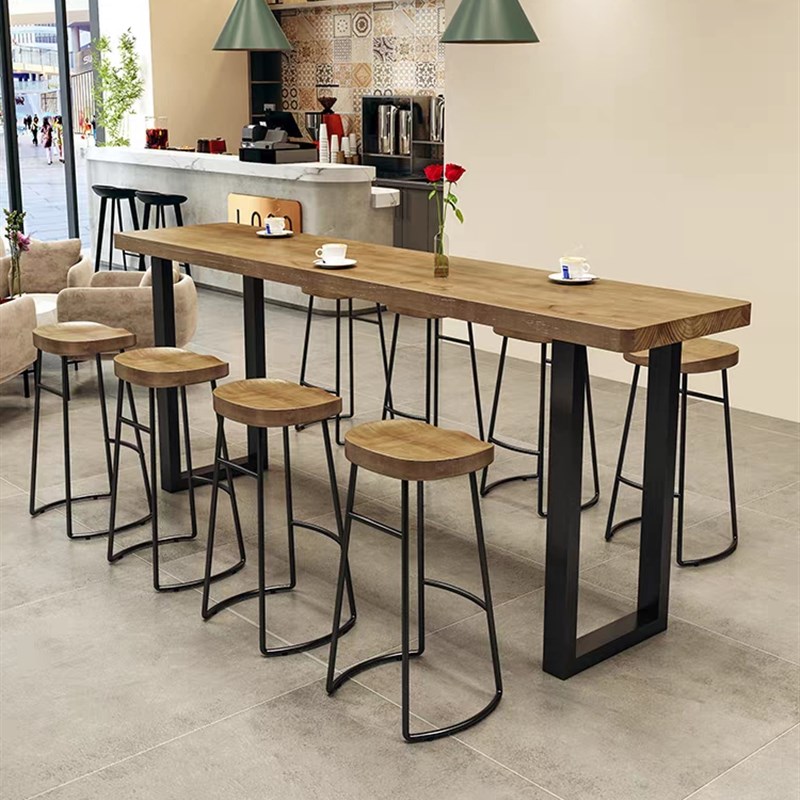 现代简约实木靠墙阳台休闲酒吧台咖啡桌奶茶店商用高脚桌椅组合