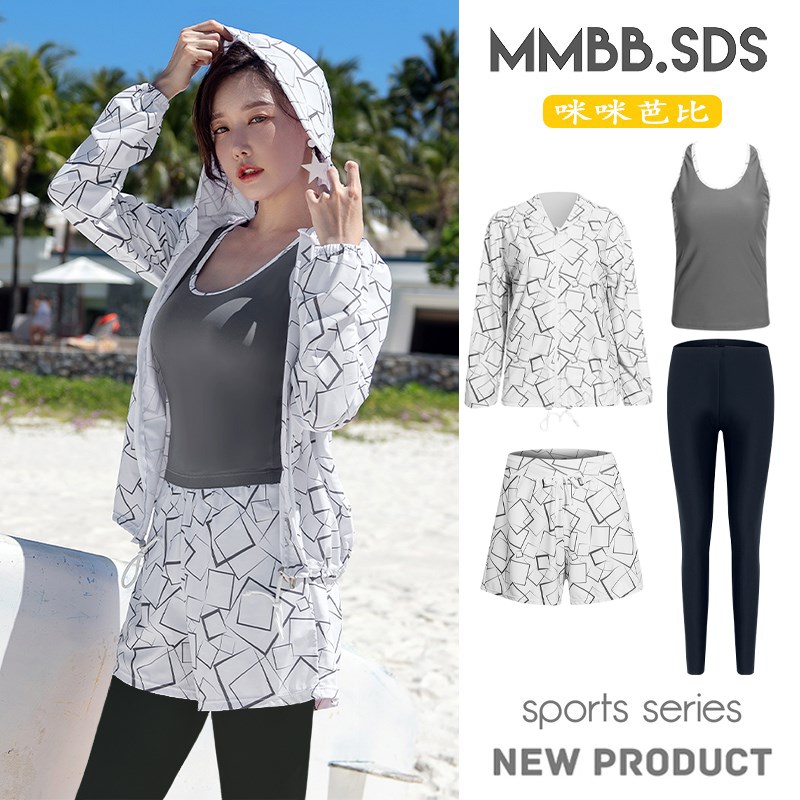 运动分体泳衣女三件套遮肚显瘦长袖连帽保守学生温泉泳装速干大码