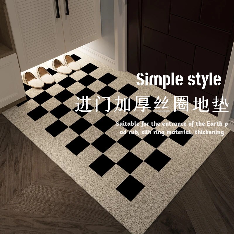 入户门PVC丝圈地垫黑r白棋盘格室外耐用耐磨进门蹭土门垫现代简约