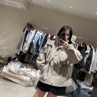 宽松大码 春季 韩版 女装 5075 新款 百搭连帽拉链收腰I风衣外套基础款