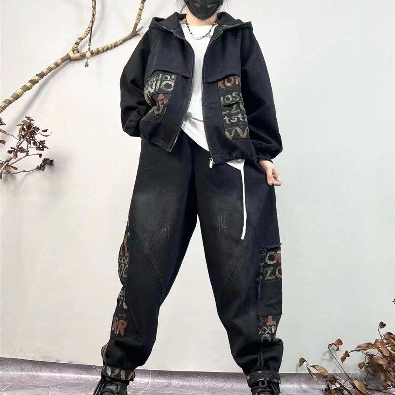 水洗做旧牛仔套装连帽口袋印花拉链外套松紧Q高腰哈伦裤H35#