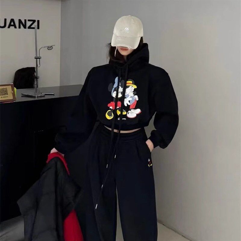 韩国卡通洋气时尚宽松加绒卫w衣阔腿裤套装女装收口休闲运动哈伦