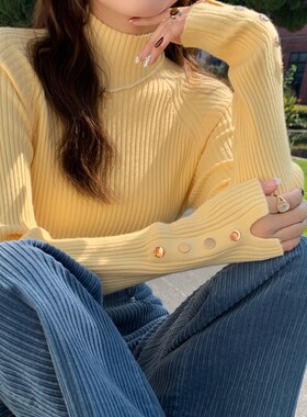 黄色半高领针织打底衫女内搭v秋冬2025新款毛衣软糯高级感长袖上