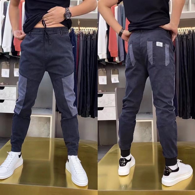 9097b春秋新款男士潮流休闲裤牛仔裤弹力拼接色时尚长裤秋装裤子