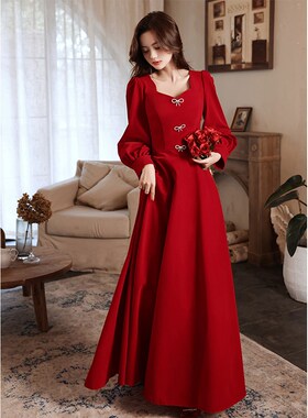 敬酒服新娘伴娘显瘦红色秋冬连衣裙晚礼I服长袖长裙高端高级感宴