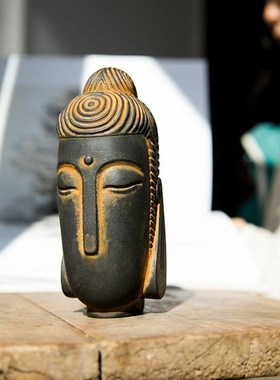 新中式禅意无相佛头摆件铁艺佛祖国风铁锈桌面工艺品小.摆设仿铸