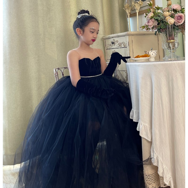 女童赫本风黑色晚礼服生日宴会公主裙儿童拍M照T台走秀表演出长裙
