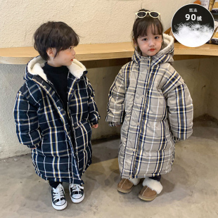 儿童羽绒服中长款过膝男童加厚女童洋气冬装2023新款格子宝宝外套