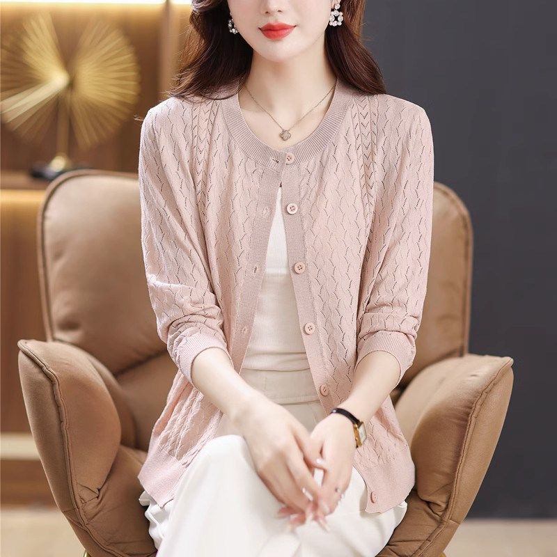 中年妈妈冰丝针织开衫夏季中老z年外套长袖薄款女大码镂空外搭网