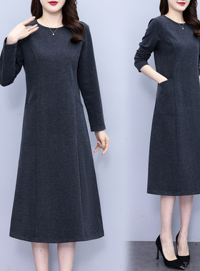 毛呢灰色连衣裙女长袖2023新款女中老年高M档呢子妈妈冬季大码长