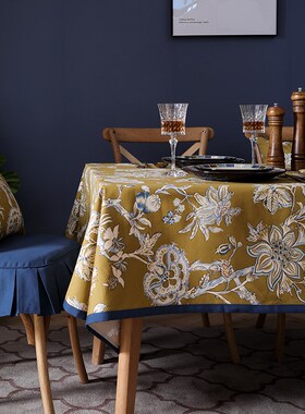 棉麻布艺黄色复古新中式美式高级C感花卉餐桌布圆桌台布长方形定