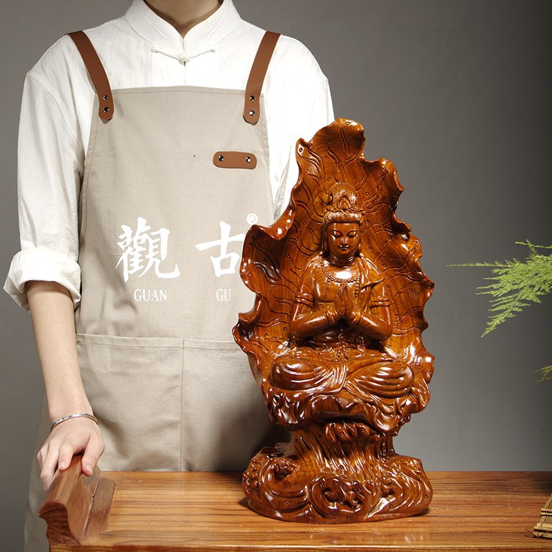 花梨木莲叶观音摆件木质雕刻观音菩萨佛像家居客厅装饰红木工艺品