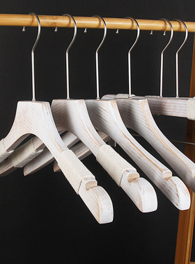 服装店男女款水洗j做旧白色绑绳防滑实木衣架撑挂夹无痕订定制LOG