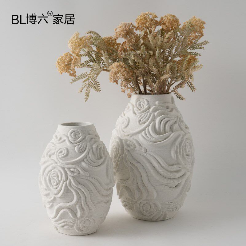 现代简约3D打印陶瓷浮雕玫瑰花纹花瓶摆件家居装饰品艺术插干花器