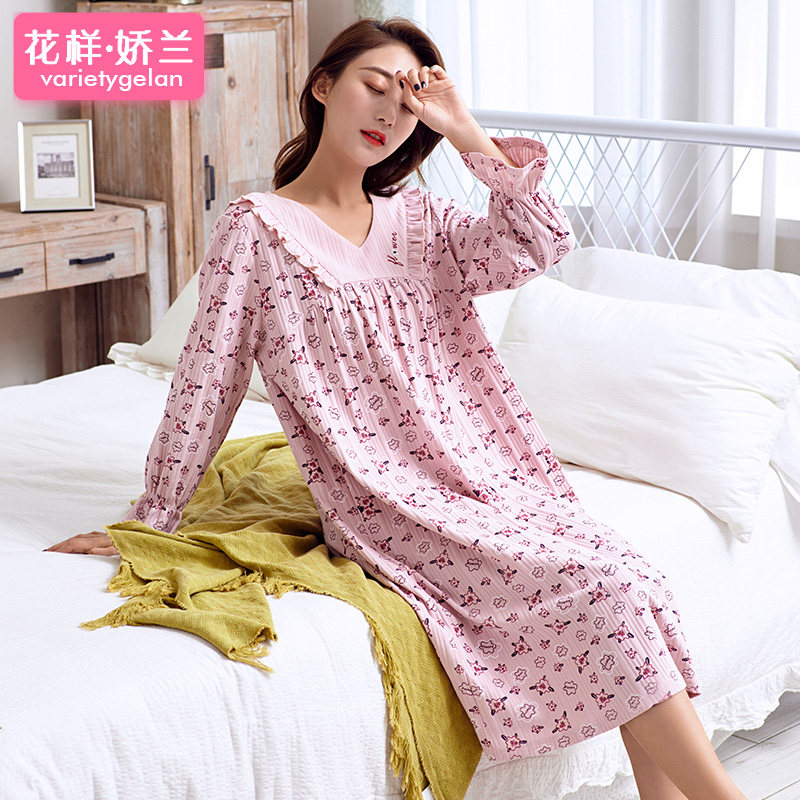 全棉秋冬睡裙女士厚款棉长袖宽松大码中长款睡衣裙女冬季纯棉睡袍