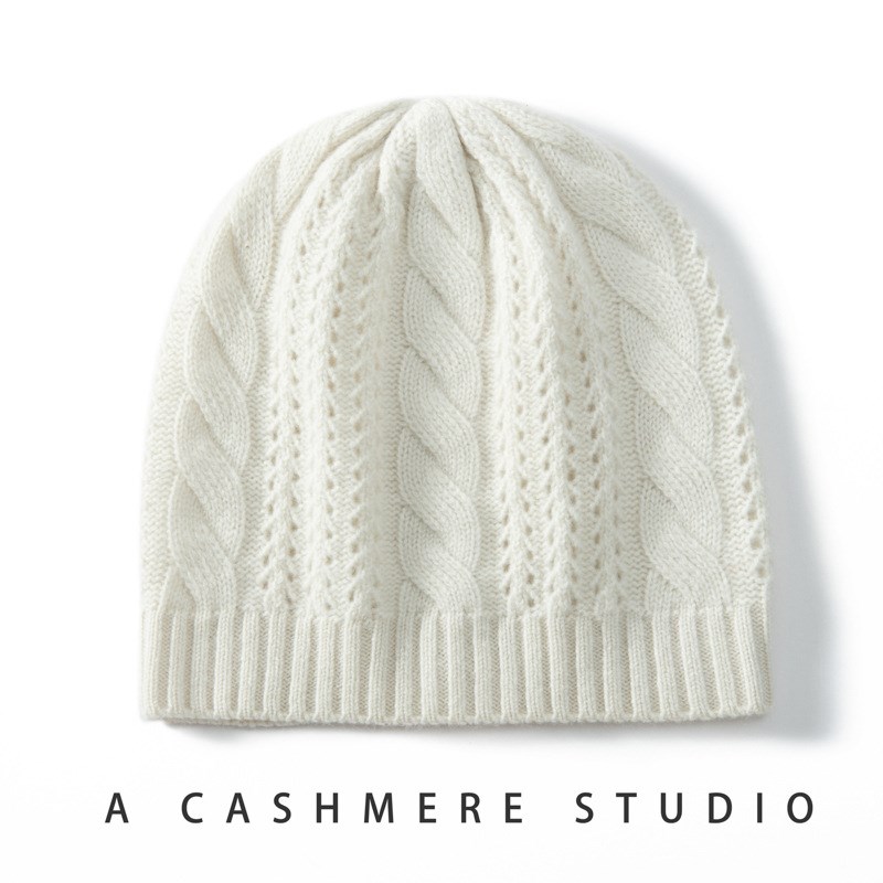 100纯山羊绒针织帽女冬季镂空保暖时尚护耳毛线复古麻花月子帽子